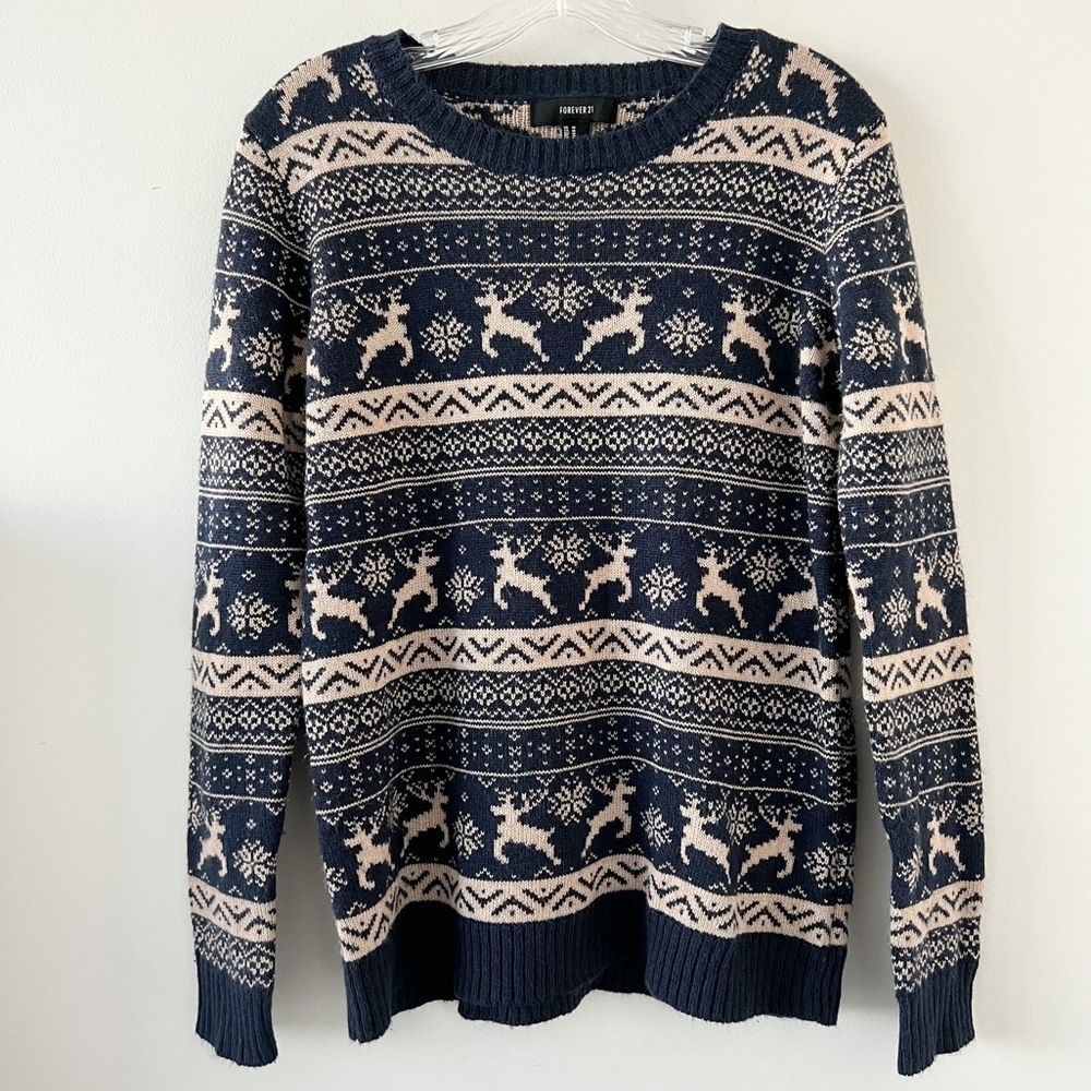 Forever 21 Blue Tan Reindeer Ugly Christmas Sweater Women’s Sz M Xmas Nordic